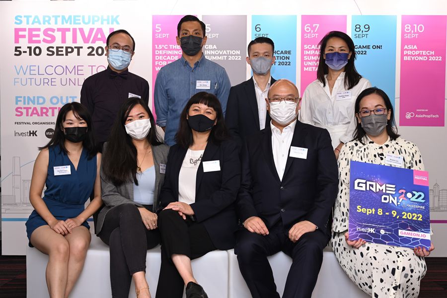 InvestHK and event partners come together for the StartmeupHK Festival 2022 preview. From left to right (back row): Ken Chow, MedTech & Healthcare Program Manager of Brinc; Ben Wong, Head of Open Innovation, Eureka Nova, New World Group; Alvin Lam, Director, TusPark Hong Kong; and Cynthia Chow, Associate Director (ASPAC Infrastructure Sector), KPMG. From left to right (front row): Rachel Yuen, Head of Industry Relations, Asia PropTech; Josephine Chan, COO, WHub; Jayne Chan, Head of StartmeupHK at Invest Hong Kong; Charles Ng, Associate Director-General of Investment Promotion at Invest Hong Kong; and Bowie Lau, Founder, MaGESpire and MaGEHold.
