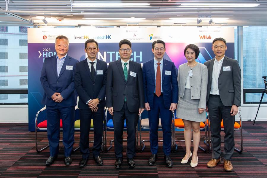 Photo shows (from left) the Associate Director of the Policy and Development Division of the Insurance Authority, Mr Tony Chan; the Chief Fintech Officer, Fintech Facilitation Office of the Hong Kong Monetary Authority, Mr George Chou; the Acting Secretary for Financial Services and the Treasury, Mr Joseph Chan; the Acting Director-General of Investment Promotion of InvestHK, Dr Jimmy Chiang; the Director of Licensing and Head of Fintech Unit, Intermediaries, of the Securities and Futures Commission, Ms Elizabeth Wong; and the Senior Vice President, Innovation & Data Lab of Hong Kong Exchanges and Clearing Limited, Mr Andrew Loh, at today's announcement event.