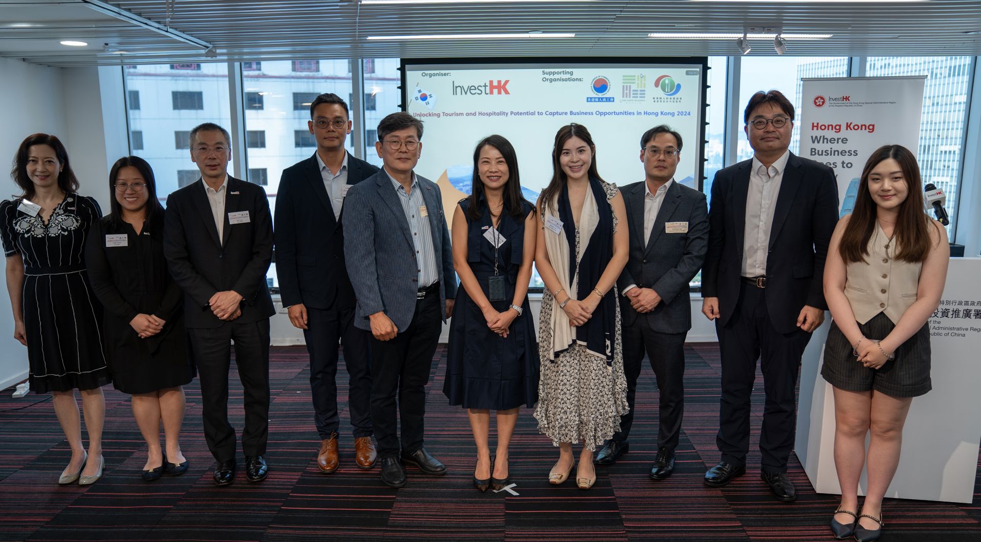 (From left) Senior Vice President, Tourism and Hospitality of InvestHK, Ms Jenny Hui; Senior Vice President, (Sustainability) for Lifestyle and Creative Industries of InvestHK, Ms Cathy Ching; Head of Consulates and Chambers, Transport and Industrial of InvestHK, Mr KC Lam; Director, Wilson Lee & Associates Limited, Mr Wilson Lee; the Vice Chairman of the Korean Chamber of Commerce in Hong Kong and the Chairman of the Association of Korean Restaurants in Hong Kong, Mr Jongseok Lee; the Head of Tourism and Hospitality at InvestHK, Ms Sindy Wong; Director of Retail Department, Jones Lang Lasalle Limited, Ms Michelle Chiu; Consul of the Consulate General of the Republic of Korea in Hong Kong, Mr Timothy Hakkyoon Lee, Director General of KOTRA Hong Kong, Mr Jaesun Uh; and Assistant Manager of Retail Department, Jones Lang Lasalle Limited, Ms Vanessa Leung at the seminar. 
