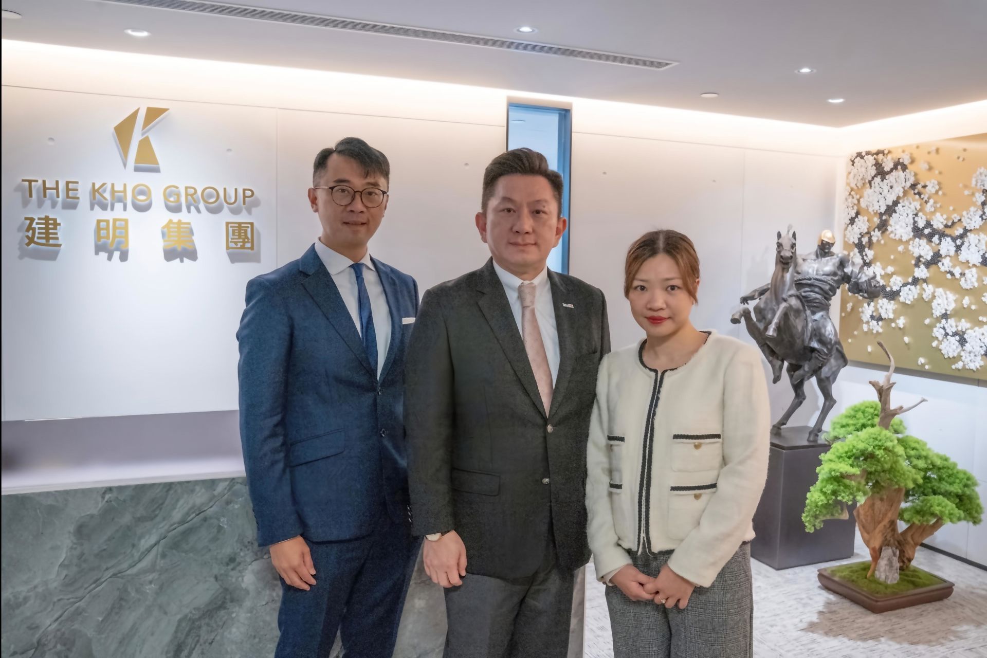 The Global Head of Family Office at InvestHK, Mr Jason Fong (second right); the Executive Vice President of the Kho Group, Mr James Fok (first left); and the Executive Assistant of the Kho Group, Ms Maggie Lai (first right).